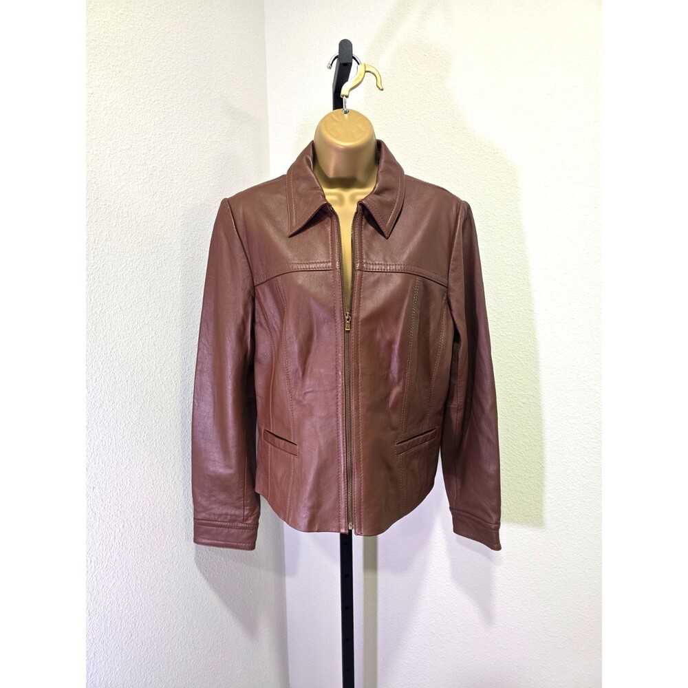 Kasper Womens Leather Jacket Coat Brown Full Zip Long Sleeve Size Large Festival